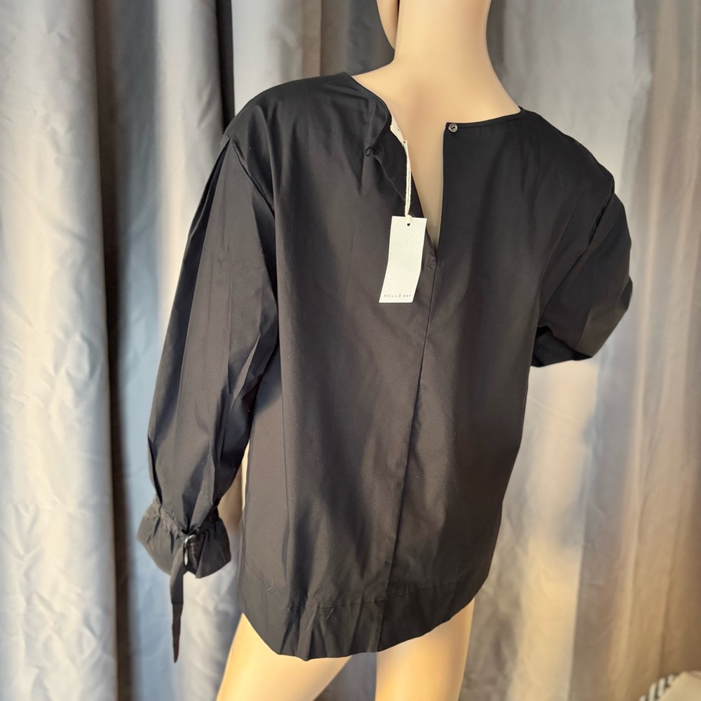 MELLODAY Black Blouse with Crew Neck Bell Sleeves and Tie Front - Picture 2 of 8